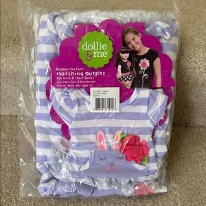 Dollie & Me Lavender and White Striped Matching Outfit with Bunny Applique